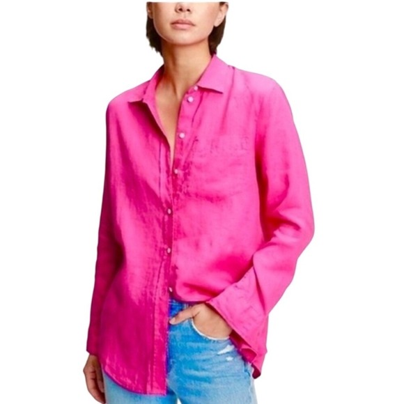 GAP Tops - Gap Womens Hot Pink Cotton Double Gauze Button Down Top Large Oversized Crinkle